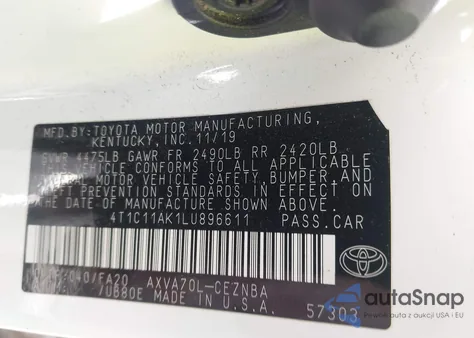 2020 Toyota Camry Le из США, поврежденный, VIN 4T1C11AK1LU896611